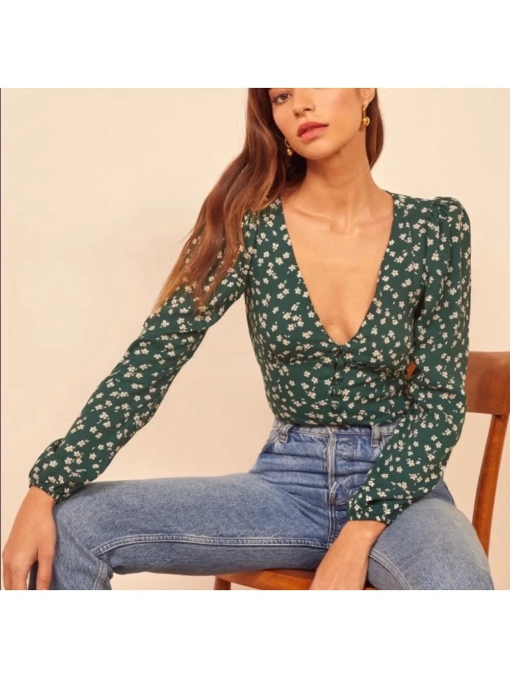 Reformation Nell Top Annette Green Floral V-Neck Button Blouse Size Small XS